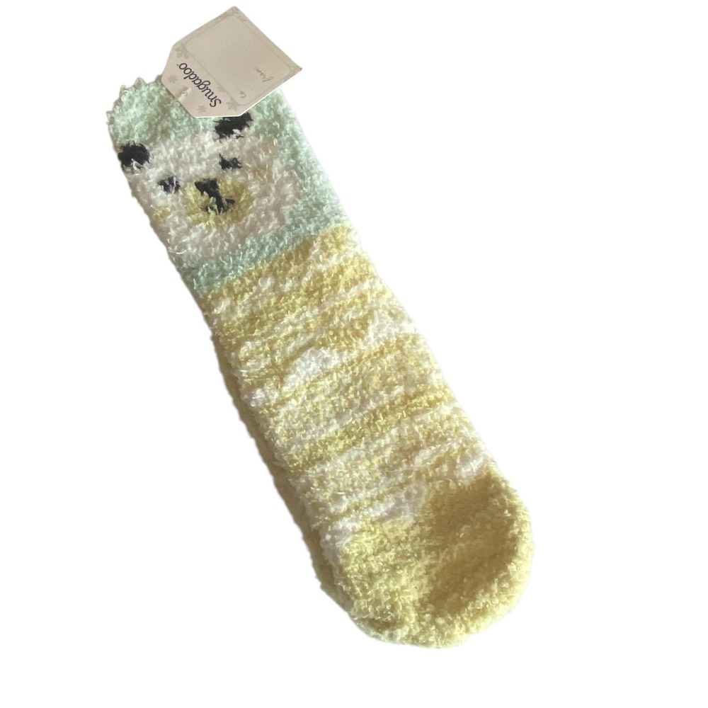 Snugadoo Womens Fuzzy Socks Mint Green Yellow Striped Animal Face Cozy‎ NWT